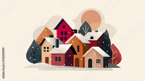 Winter village illustration snowfall houses