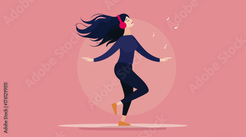 Woman listening to music with headphones dancing in a joyful moment vector illustration