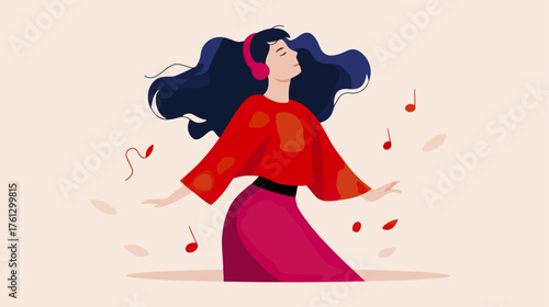 Woman listening to music with headphones red and pink attire musical notes in the air