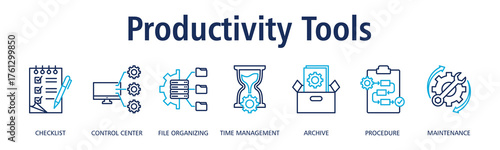 Productivity Tools banner web icon vector illustration concept with icon of checklist, control center, file organizing, time management, archive, procedure
