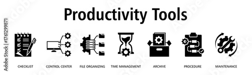 Productivity Tools banner web icon vector illustration concept with icon of checklist, control center, file organizing, time management, archive, procedure
