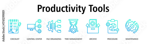 Productivity Tools banner web icon vector illustration concept with icon of checklist, control center, file organizing, time management, archive, procedure

