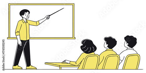 A male teacher with a pointer stick giving a lesson to students in a classroom, depicted in a minimalist line art illustration.