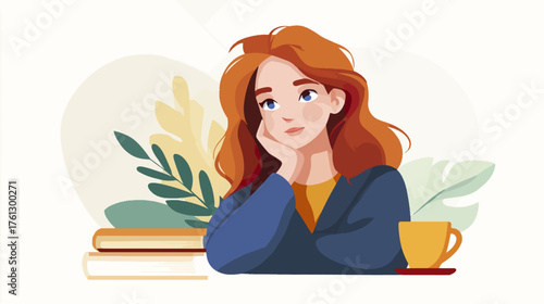 Woman with books and coffee cup illustration