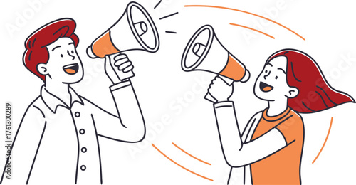 A man and a woman enthusiastically communicating with megaphones, making an announcement or sharing information.