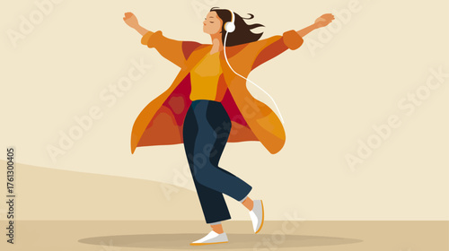 Woman with headphones and arms outstretched enjoying music