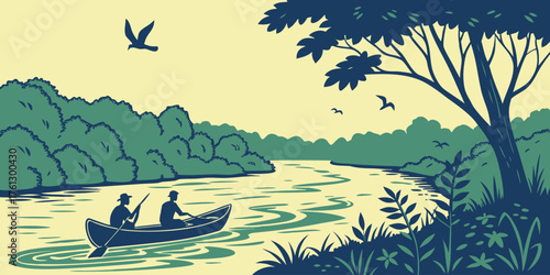 Illustration of two people canoeing and fishing on a serene river, surrounded by lush green trees and flying birds under a calm sky, depicting a peaceful outdoor leisure activity.