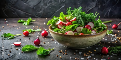 A vibrant spring salad featuring fresh radishes, herbs, and a hint of seasoning, artfully arranged in a rustic bowl on a dark surface.