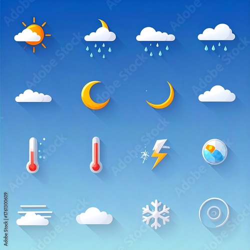 Weather Icons Set - Sun, Moon, Clouds, Rain, Thermometer, Lightning, Snowflake.