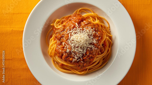 spaghetti dish with bolognese sauce and topped with cheese and meat