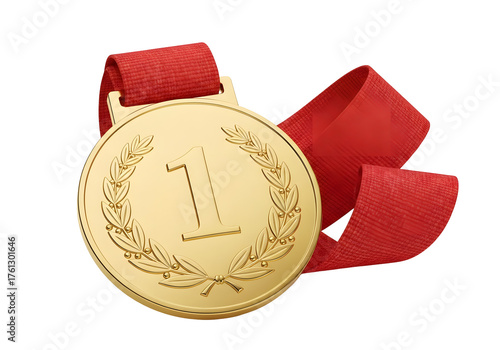 Gold medal with red ribbon isolated on transparent background