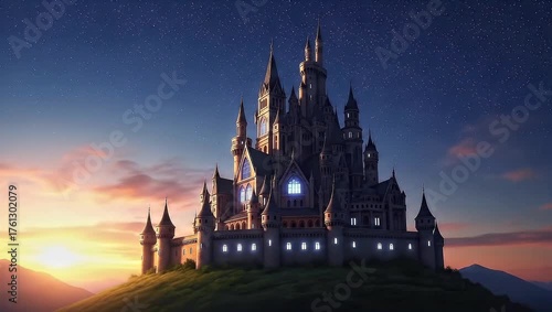 Wallpaper Mural Majestic Castle Illuminated at Sunset with Starry Sky and Rolling Hills Torontodigital.ca