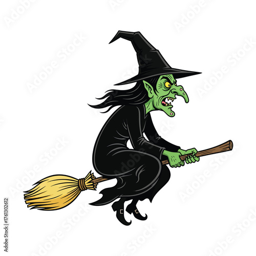 Green witch flying on a broomstick with a spooky grin