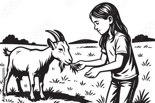 A black and white vector illustration of a little girl feeding her goat on the grass, drawn with clean lines and bold black outlines showing warmth and innocence.