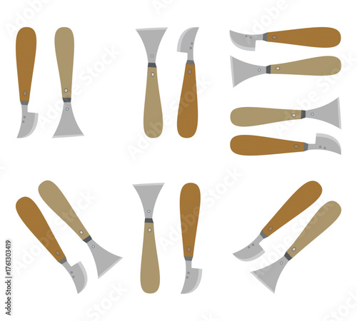 Flat vector set of woodworking knives and scrapers with wooden handles