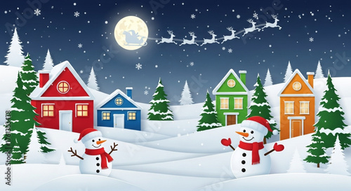 santa claus in the night. winter landscape with christmas tree. Merry Christmas and Happy New Year paper art vector illustration. Winter landscape with Santa Claus sleigh flying over a snowy village. 