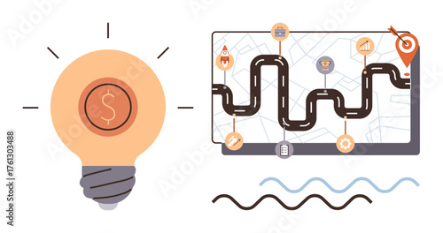 Light bulb with dollar sign and illuminated lines next to roadmap featuring milestones and goal markers. Ideal for innovation, finance, strategy planning, goal-setting, entrepreneurship, business