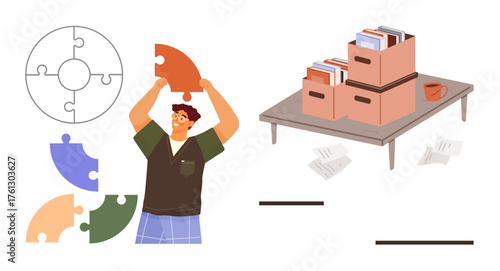Person placing large colorful puzzle pieces while organized boxes hold files on a table. Ideal for teamwork, problem-solving, organization, creativity, planning, strategy, knowledge. Simple flat