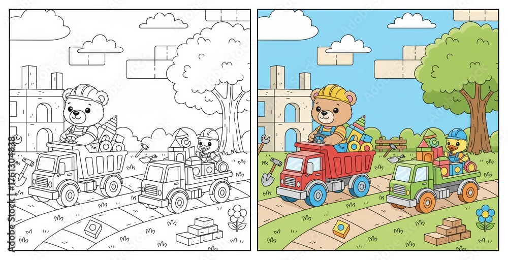 Fototapeta premium Children Enjoy Playing Together at a Construction Site with Trucks and Animals