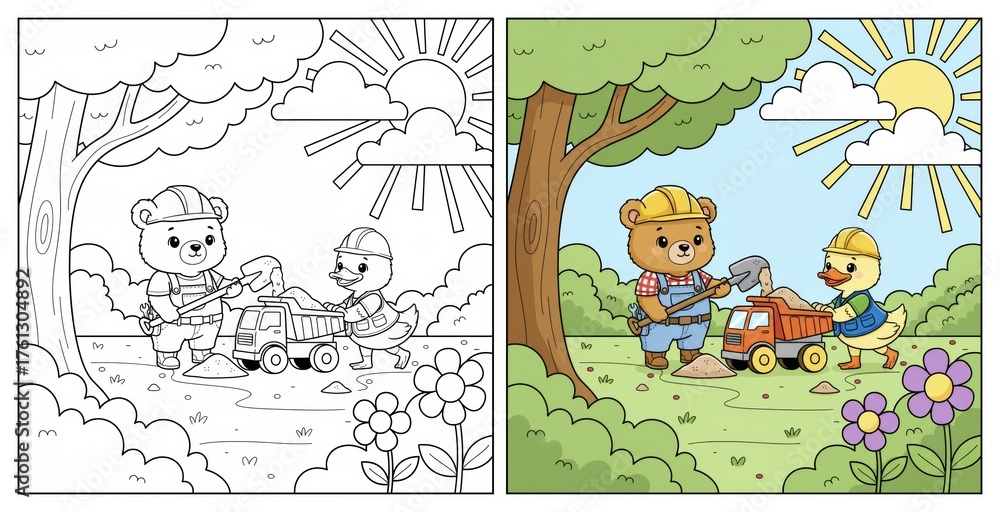 Fototapeta premium Animated characters building toy vehicle in sunny outdoor scene