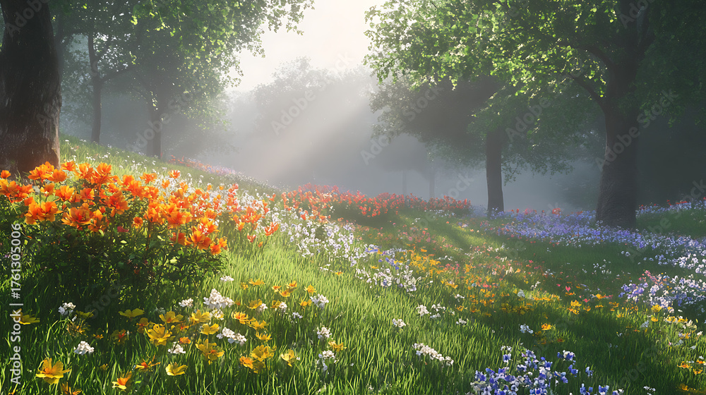 Fototapeta premium Colorful wildflower meadow scene with sunlight and misty background