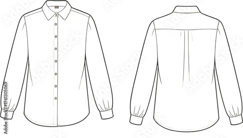 Classic button-up shirt front and back view, formal blouse technical flat sketch, fashion CAD drawing vector template illustration design