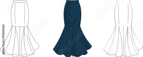 Elegant mermaid skirt fashion flat sketch, women long flared hem skirt design, navy blue dress technical drawing, CAD vector illustration