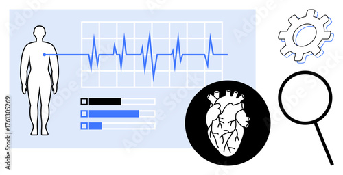 Person outline, heart diagram, electrocardiogram line, data bars, magnifying glass, gear icon. Ideal for healthcare, diagnostics, heart health technology data analysis research medical tools