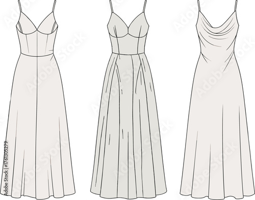 Fashion design technical sketch, dress flat illustration, vector CAD drawing, garment construction, flared skirt, bodice detail, sewing pattern