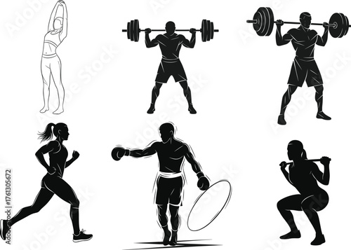 Fitness silhouette icons, gym workout poses, barbell lifting, stretching, running, boxing, squats, jump rope, black vector set, isolated exercise graphic