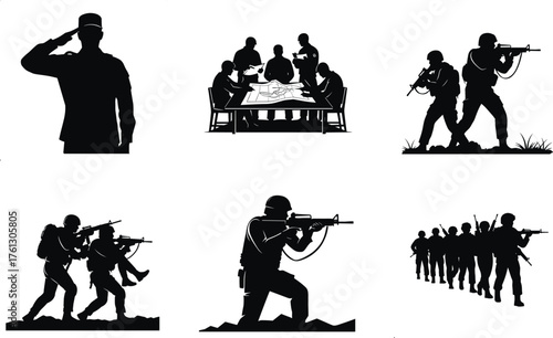 Military silhouette vector set, tactical soldier illustrations, combat scenes, rescue operation, army drill, battlefield action, black and white graphic, defense concept