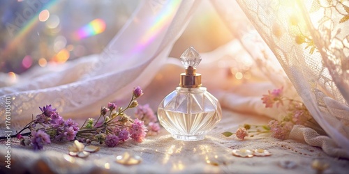 A delicate perfume bottle rests amidst a soft, sheer fabric, adorned with small blossoms bathed in warm sunlight, creating a serene and fragrant atmosphere.