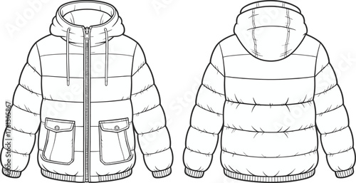 Puffer jacket front and back view, winter outerwear fashion design, technical flat sketch, down coat template, cad drawing flat vector illustration