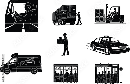 Transportation and delivery service people silhouette set, truck driver, courier, taxi, bus passengers, forklift operator working scene, logistics industry concept, vector illustration