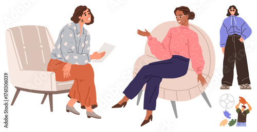 Women sitting on armchairs in an engaging discussion, casual outfit model nearby. Ideal for teamwork, counseling, diversity, communication, collaboration, education lifestyle. Simple flat metaphor