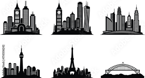 World famous city skylines silhouette, London, New York, Dubai, Toronto, Paris, Sydney landmarks, black and white vector, travel architecture illustration