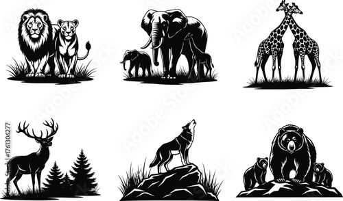 Wild animal family illustrations, lion, elephant, giraffe, stag, wolf, bear, nature wildlife vector, black and white, forest scene, stylized art, group composition