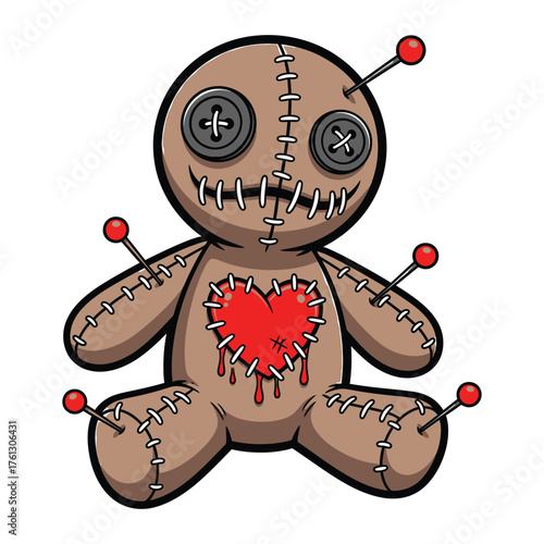 Creepy voodoo doll with pins and red heart patch
