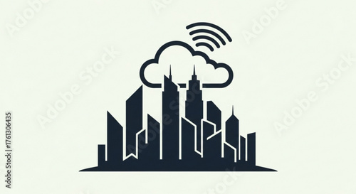 Smart city concept illustration, depicting a modern cityscape connected to the cloud and wireless communication technology