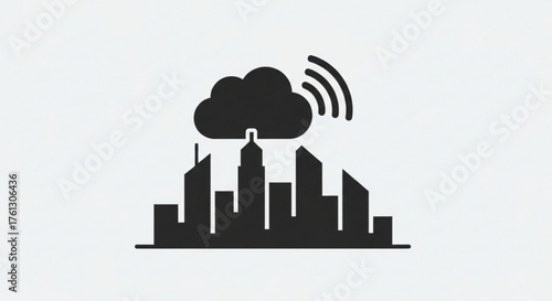 Smart city concept illustration, showcasing a modern cityscape connected to the cloud and wireless communication
