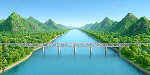 a realistic photo of a bridge spanning a border river between two nations