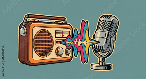 Retro radio and microphone with sound waves, vintage style illustration, capturing the essence of classic broadcasting and audio technology, a nostalgic design
