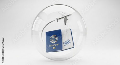 Airplane flying around passport and visa inside glass ball, concept of travel and tourism, vacation planning and international journey