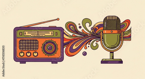 Vintage radio and microphone with psychedelic sound waves, retro style illustration, capturing the essence of classic broadcasting and audio technology, a nostalgic design