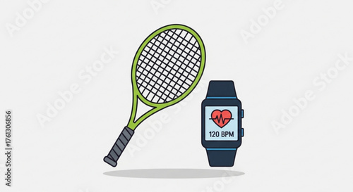 Tennis racket and smart watch sport and technology concept healthy lifestyle and fitness tracking modern gadgets for active people