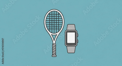 Tennis racket and smart watch sport and technology concept healthy lifestyle and fitness tracking modern gadgets for active people