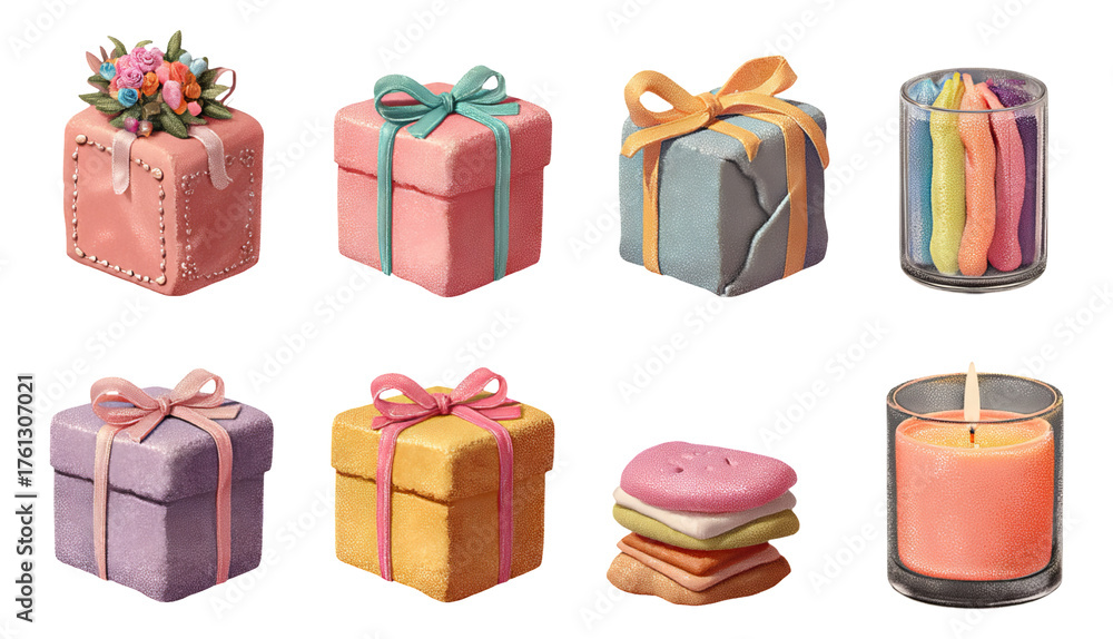 Obraz premium Colorful Gift Boxes and Decorative Candle on Transparent Background