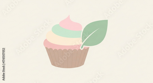 A charming cupcake with colorful frosting and a vibrant green leaf, , ideal for sweet indulgences and playful designs
