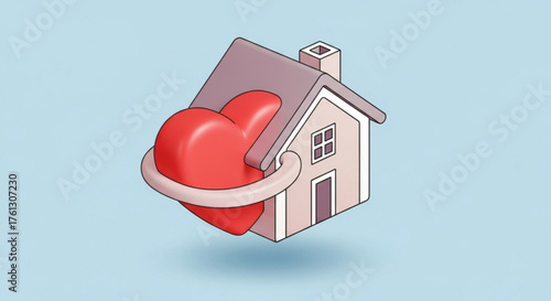A cozy house embraced by a heart, symbolizing home, love, and security in a cute, cartoon style