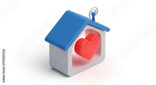 A charming 3d rendering of a house with a heart inside, , symbolizing love, home, and security, with a blue roof and antenna